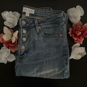 Medium washed, button, straight leg jeans. Size 8.